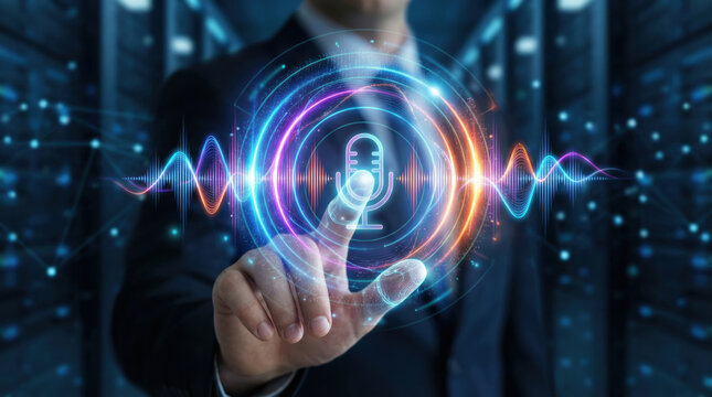 Businessman touching futuristic hologram interface with microphone icon for voice recognition technology. focused man interacts with sound wave and audio AI control