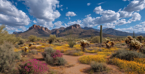 Fototapeta premium Vibrant desert landscape with colorful wildflowers and majestic mountains