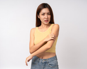 Asian women have skin problems She felt irritation on her skin. Skin infection itching red rash scratching with hands. Unwell unhealthy female standing on isolated background
