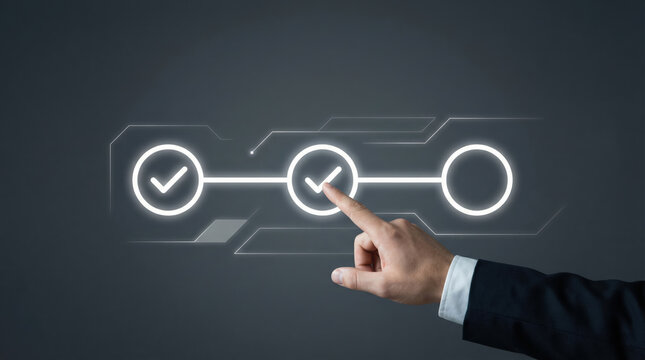Focused businessman checks virtual workflow process. Hand touches screen icon, showing progress and quality control steps for task, ensuring high standard of work