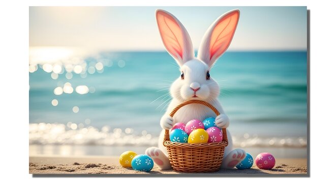 Easter bunny on beach with colorful eggs in basket easter celebration
