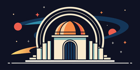 Futuristic cosmic observatory dome with orbital rings in space background © nusyer