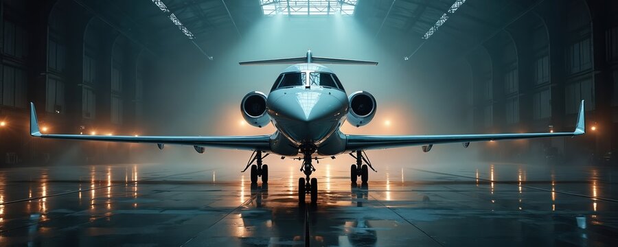 Luxury private jet parked inside aircraft hangar. Sleek modern business plane with engines and wings ready for flight. Corporate aviation transportation.