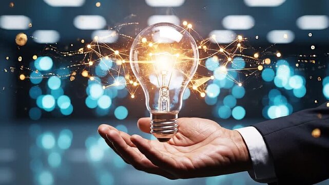A showcasing a man's hand holding a glowing lightbulb with sparks in a modern office setting
