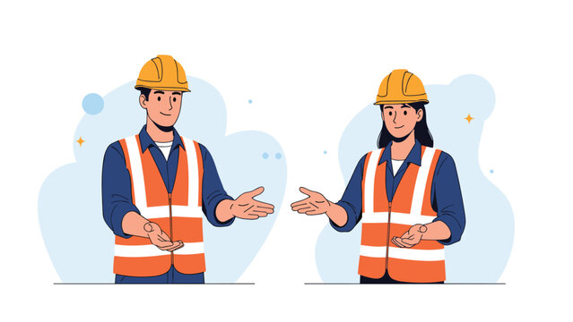 Male and female workers in orange safety vests and hard hats gesturing welcome with open hands on white background.