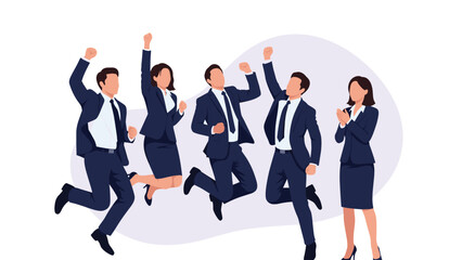 Obraz premium Group of happy business people in formal suits jumping and celebrating their success together with excitement.