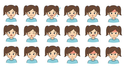 Obraz premium Extensive set of a young girl facial expressions depicting many emotions like happiness, anger, sadness, and illness.
