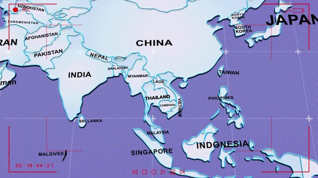 a stylized political map of South and Southeast Asia.  including China, India, Nepal, Bhutan, Bangladesh, Myanmar, Laos, Thailand, Cambodia, Vietnam, Malaysia, Singapore, animation
