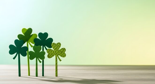 Beautiful St. Patrick's Day background featuring emerald green glittery clovers lined up on a rustic wooden table with magical warm bokeh circles in a soft pas