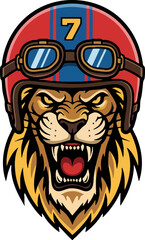 Fierce Lion Mascot Head Wearing Vintage Racing Helmet Design