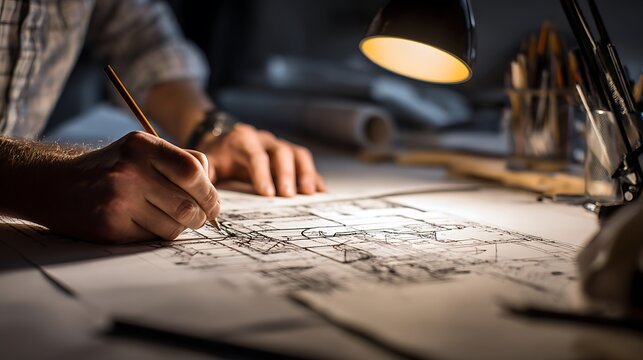 Architect Working on Blueprint at Desk.