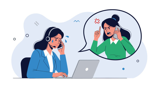 Stressed female operator at a customer support center talks on the phone while an angry woman yells in a speech bubble.