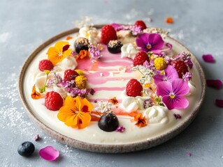 Dessert platter featuring dry yogurt with vibrant decorations and delicate garnishes