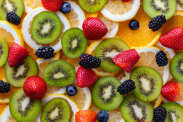 Colorful assortment of fruits with sliced kiwis, strawberries, lemons, oranges, blueberries, and blackberries on a flat surface