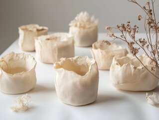 Eco-friendly mycelium packaging protecting fragile items with soft natural tones and light