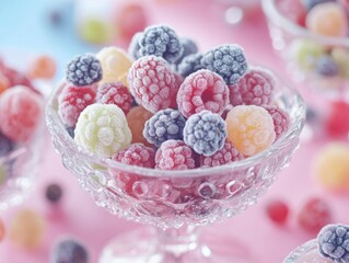 Frosty close-up of frozen mixed berries in a glass bowl, colorful and tempting