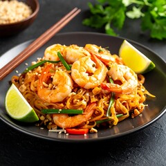 Shrimp stir-fry with noodles, lime wedges and chopped peanuts on dark plate. Appetizing, colorful, overhead shot