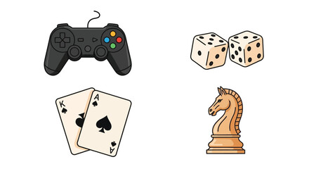 Gaming icons a controller dice playing cards and a chess knight © Pk vectors studio