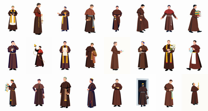 Flat vector illustration set showing diverse Catholic clergymen and friars in brown robes performing religious duties and holding symbolic items.