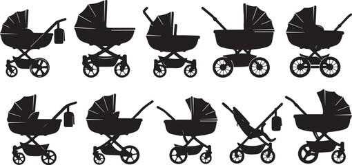 Obraz premium Various Black Silhouettes of Baby Strollers on White Background