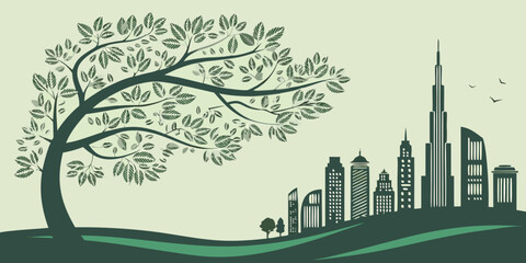 A solitary tree stands tall against the skyline of a bustling city at night. © Mamun