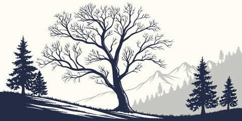 A majestic tree stands tall amidst a serene forest landscape with mountains in the background. © Mamun