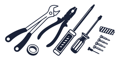 Assorted hand tools and fasteners arranged on a white background