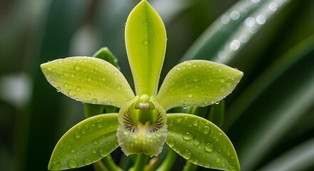 Close-up of a green flower with dew drops.
