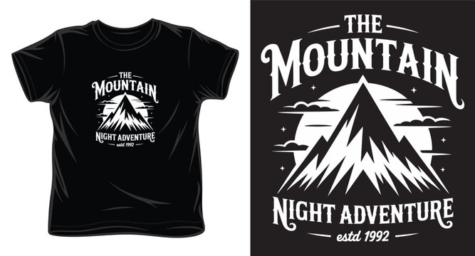 The mountain night adventure t-shirt design with peak, moon, clouds, and stars, established 1992