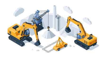 Construction site with excavators and crane equipment.