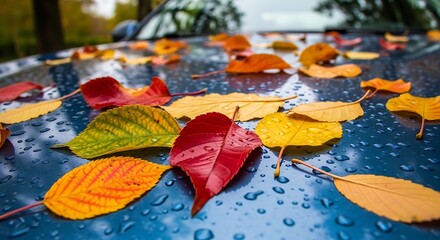 Colorful Autumn Leaves on Wet Car Surface.