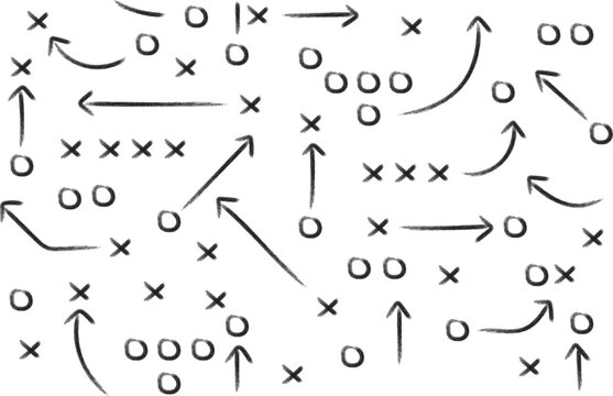 Hand drawn football playbook diagram with Xs Os and arrows suggesting plays