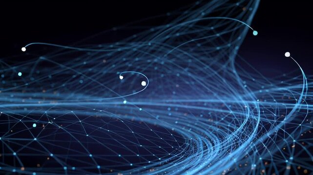 Dynamic blue network connections swirling in a futuristic digital landscape