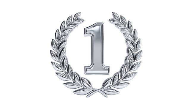 Silver metallic number one with laurel wreath isolated on white for first place victory design.


