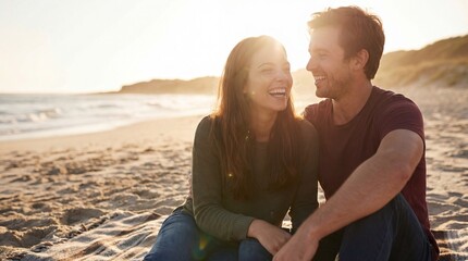 Obraz premium happy caucasian couple sitting on beach blanket during sunset. young man and woman laughing together. romantic date and summer vacation concept. web banner with copy space.