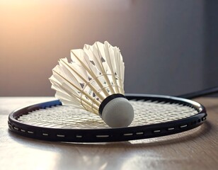 Shuttlecock rests on badminton racket strings, capturing the essence of sports on a wooden surface with soft, warm lighting
