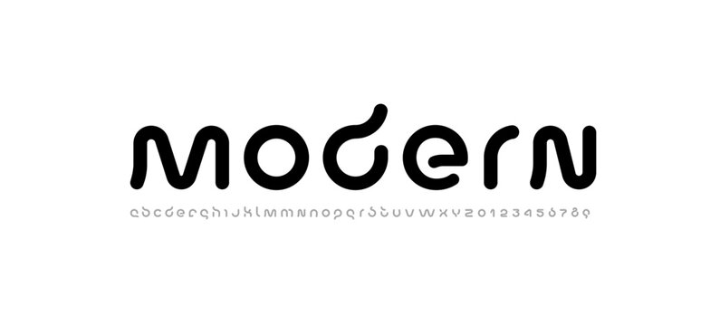 Technology font, digital cyber alphabet, rounded letters A, B, C, D, E, F, G, H, I, J, K, L, M, N, O, P, Q, R, S, T, U, V, W, X, Y, Z and numerals 0, 1, 2, 3, 4, 5, 6, 7, 8, 9 space style