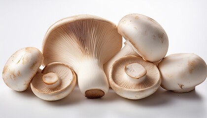 whole and sliced white mushrooms their soft texture and subtle color displayed on white