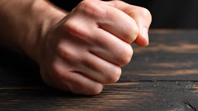 A clenched fist close-up on a dark wooden surface, displaying muscle and skin detail