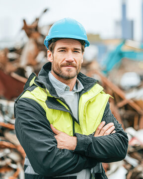 A confident construction worker wearing a blue helmet and reflective jacket stands with arms crossed at a busy industrial site.