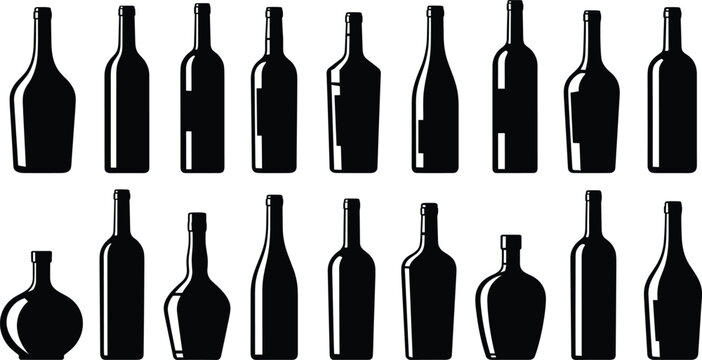 Wine Bottle Silhouette Collection Set of Various Glass Beverage Containers Isolated on White Background Vector Illustration for Alcohol Packaging Design