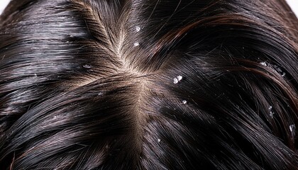 detailed close up of oily dark hair showing visible dandruff on the scalp highlighting scalp and hair care issues