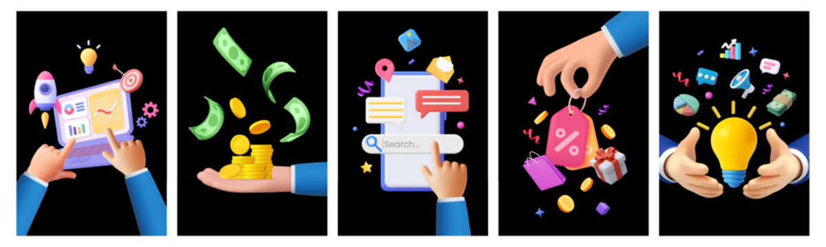 Social media marketing digital banner post with 3d business icon in cartoon style. Finance, investment, startup idea, brainstorming and sale promotion background with render hand, phone and light bulb