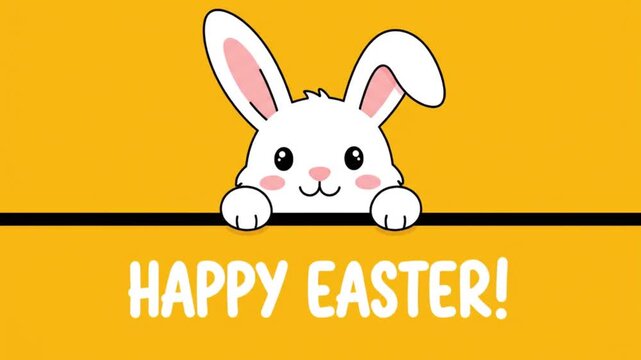 A cute white bunny peeking over a sign that says happy easter