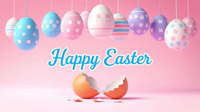 Broken egg on pink background with balloons