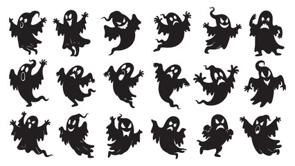 Naklejka premium Collection of ghost silhouettes in various dynamic poses and actions against a plain backdrop viewed from multiple angles