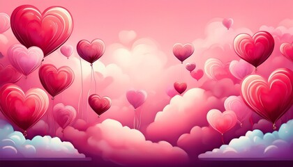 heart balloons with whimsical clouds on a pink background