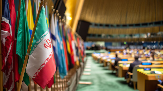 Flags of various nations displayed in the United Nations assembly hall, with a focus on the Iranian flag, for themes about international diplomacy, global politics, Middle East representation