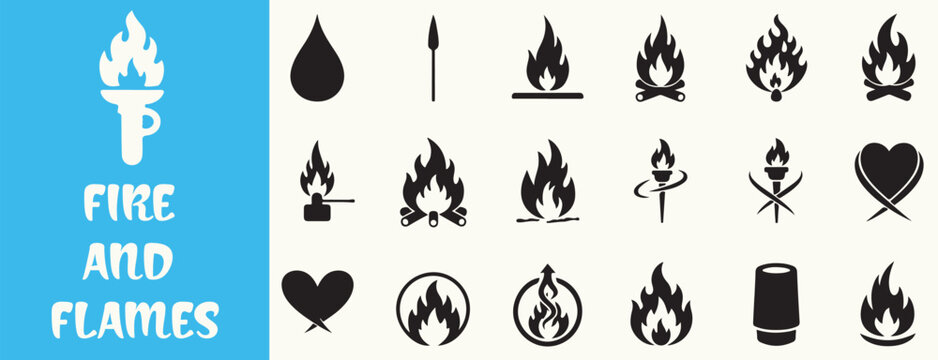 A collection of fire and flame icons displayed on a light background with a blue sidebar.