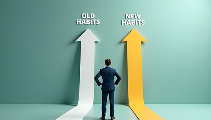 Old habits vs new habits concept, businessman standing in front of arrow written old vs new habits, dilemma choice, positive thinking and motivation to change for better